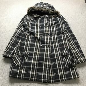 Vintage Y2K Volcom Plaid Pea Long Coat Hooded Womens XL Logo Black Purple
